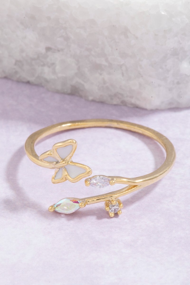Gold Dipped Cz Enamel Butterfly Open Ring