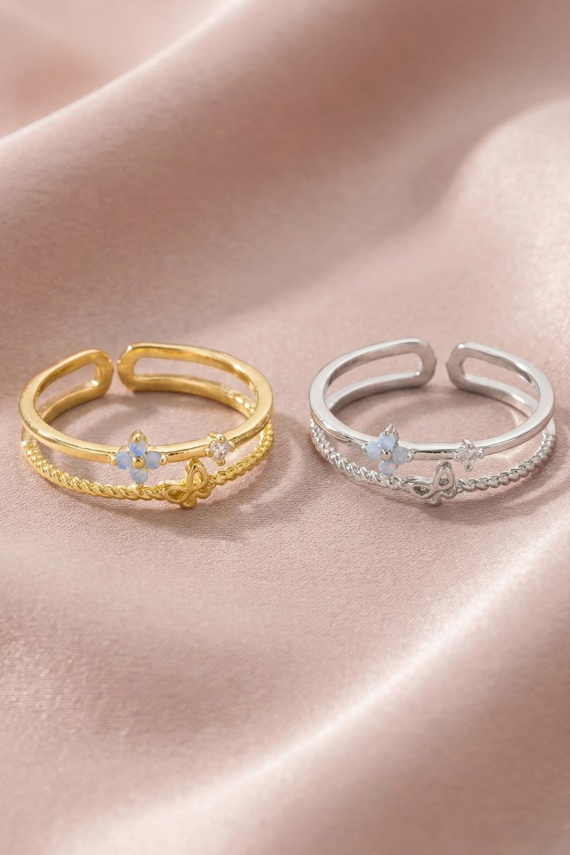 Gold Dipped Cz Opal Cluster & Butterfly Double Band Ring