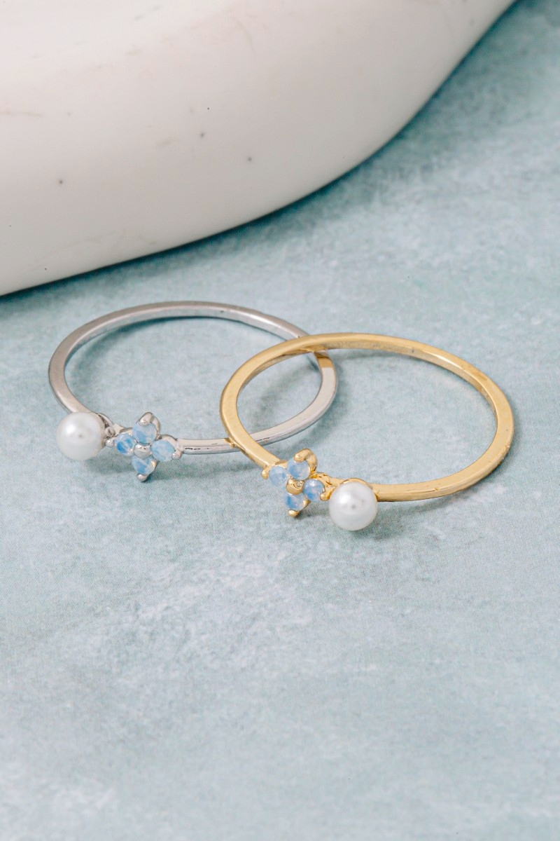 Gold Dipped Cz Cluster And Glass Pearl Ring