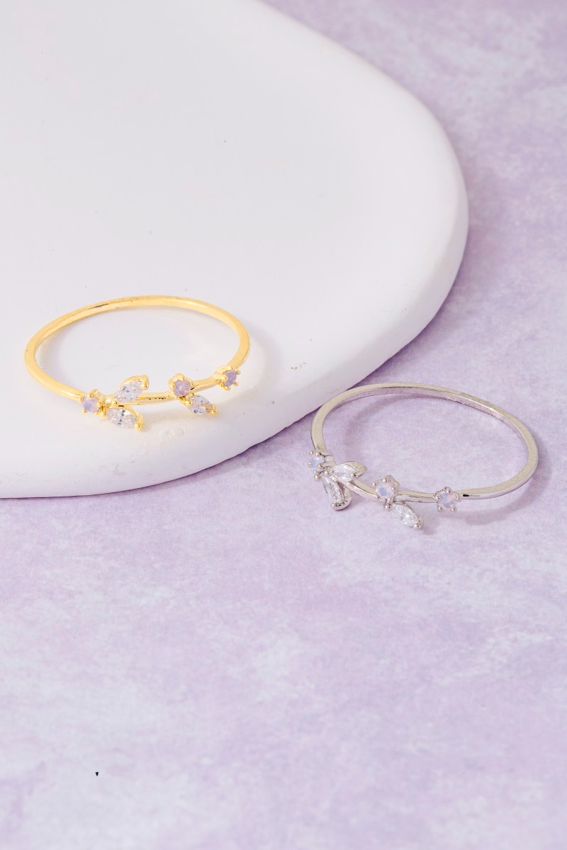 Gold Dipped Cz Delicate Leaf Ring