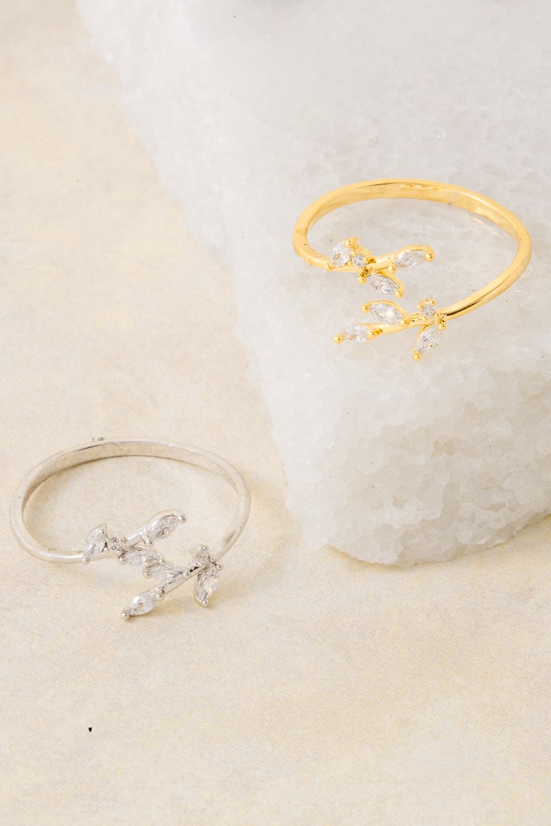 Gold Dipped Cz Open Leaf Twist Ring