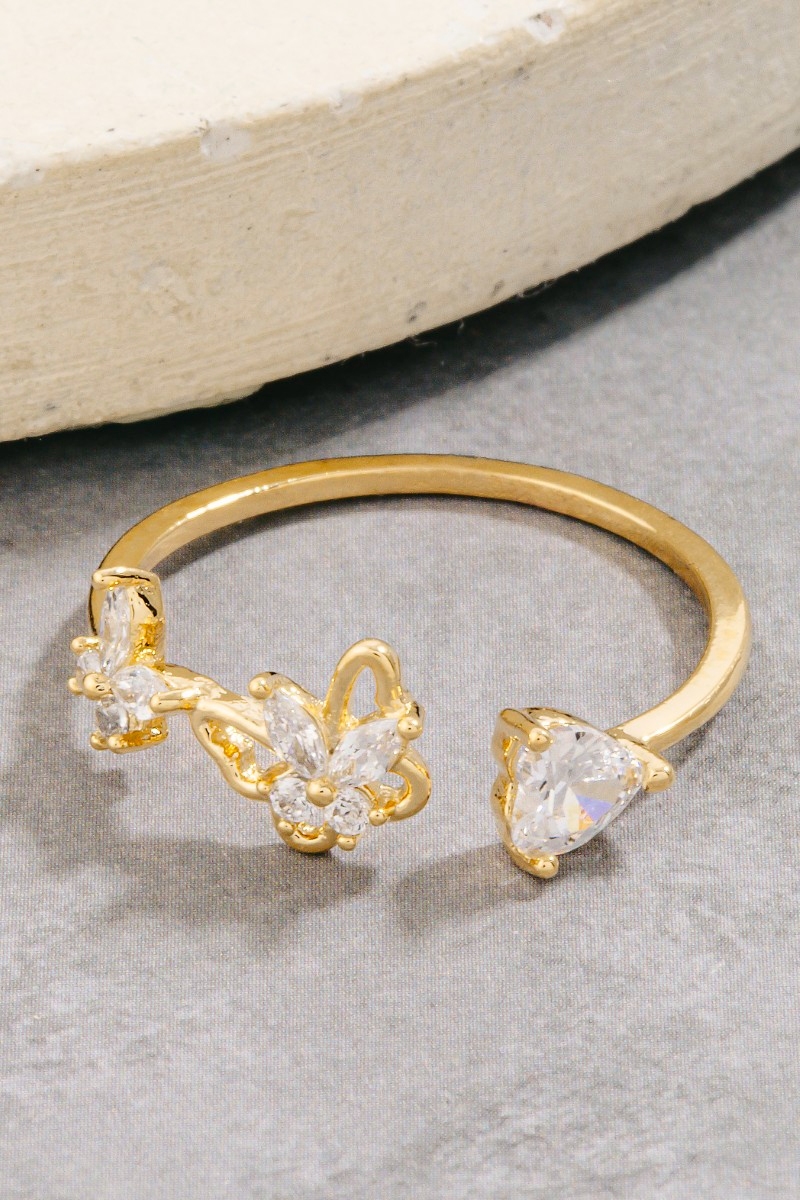 Gold Dipped Cz Butterfly And Heart Open Ring
