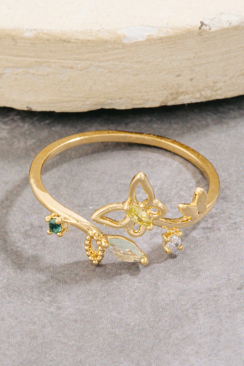 Gold Dipped Cz Leaf And Butterfly Open Ring