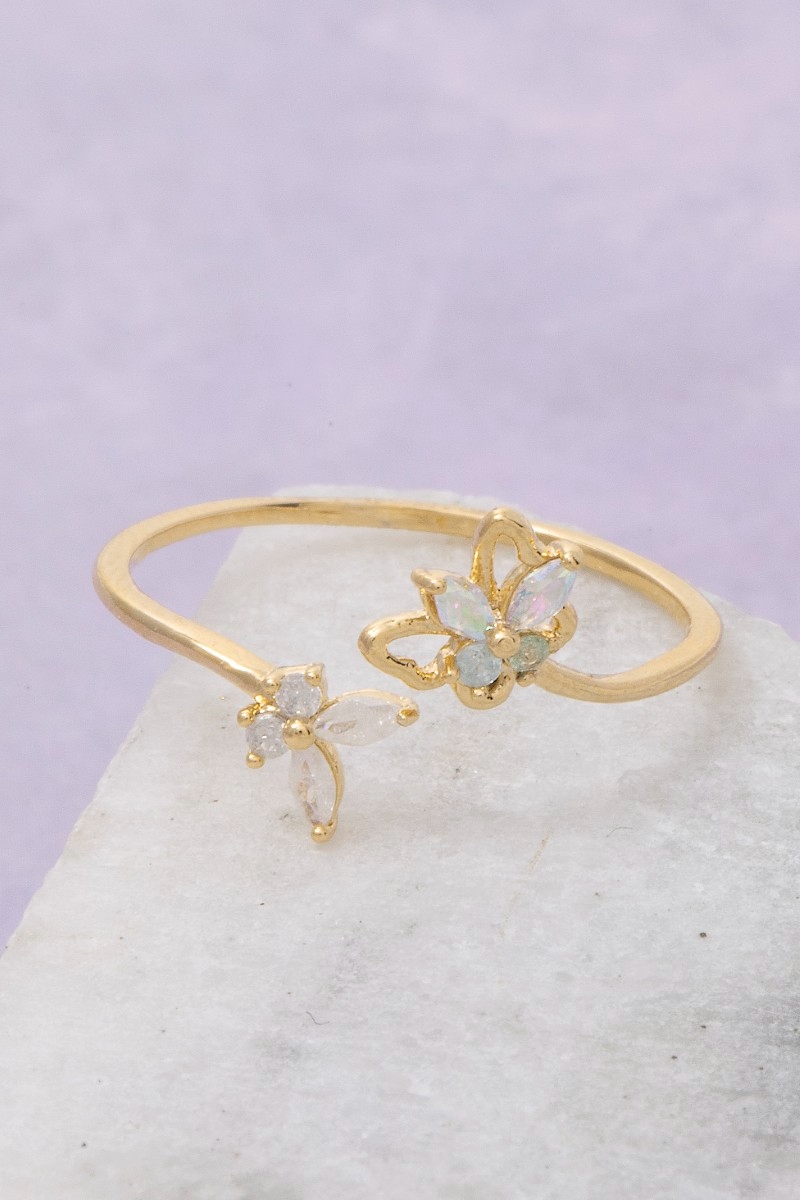 Gold Dipped Cz Double Butterfly Ring