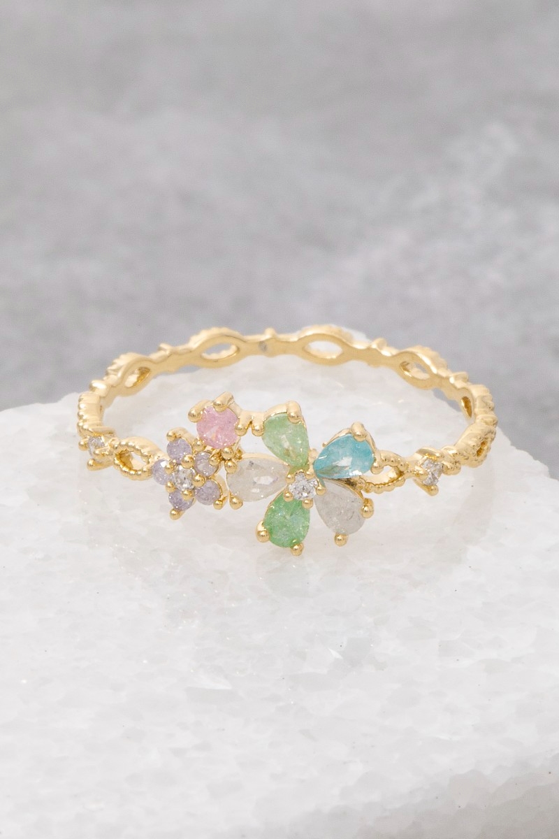 Gold Dipped Cz Multi Flower Ring