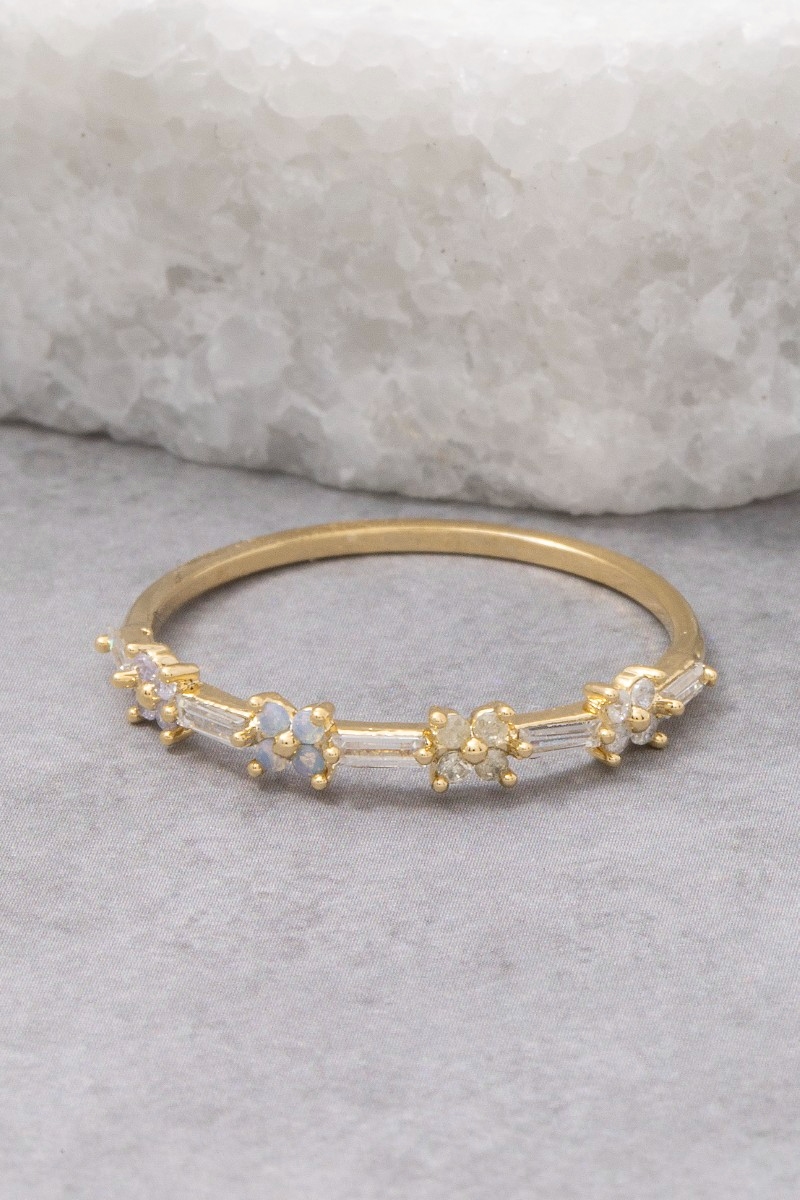 Gold Dipped Cz Baguette Flower Ring