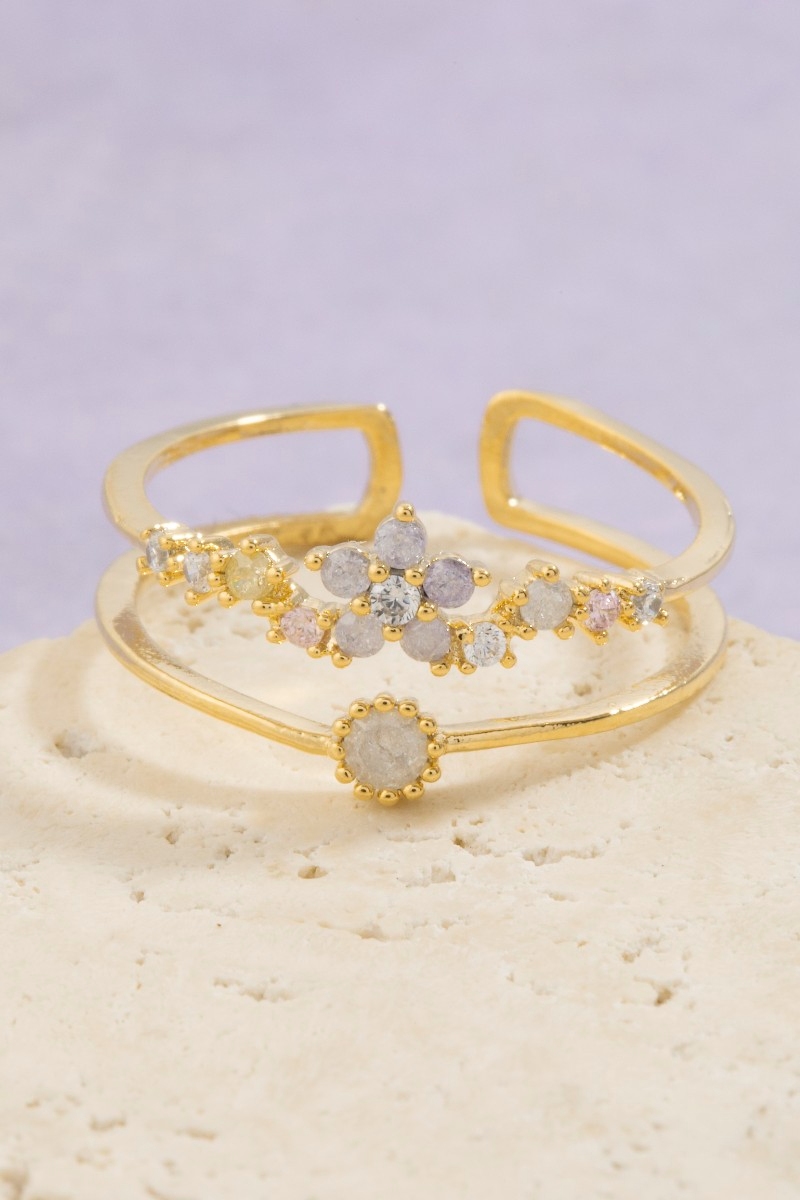 Gold Dipped Cz Flower Cluster Double Band Ring