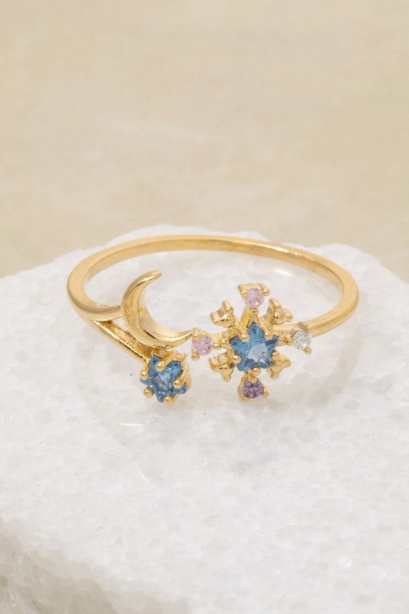 Gold Dipped Cz Stars & Moon Open Ring