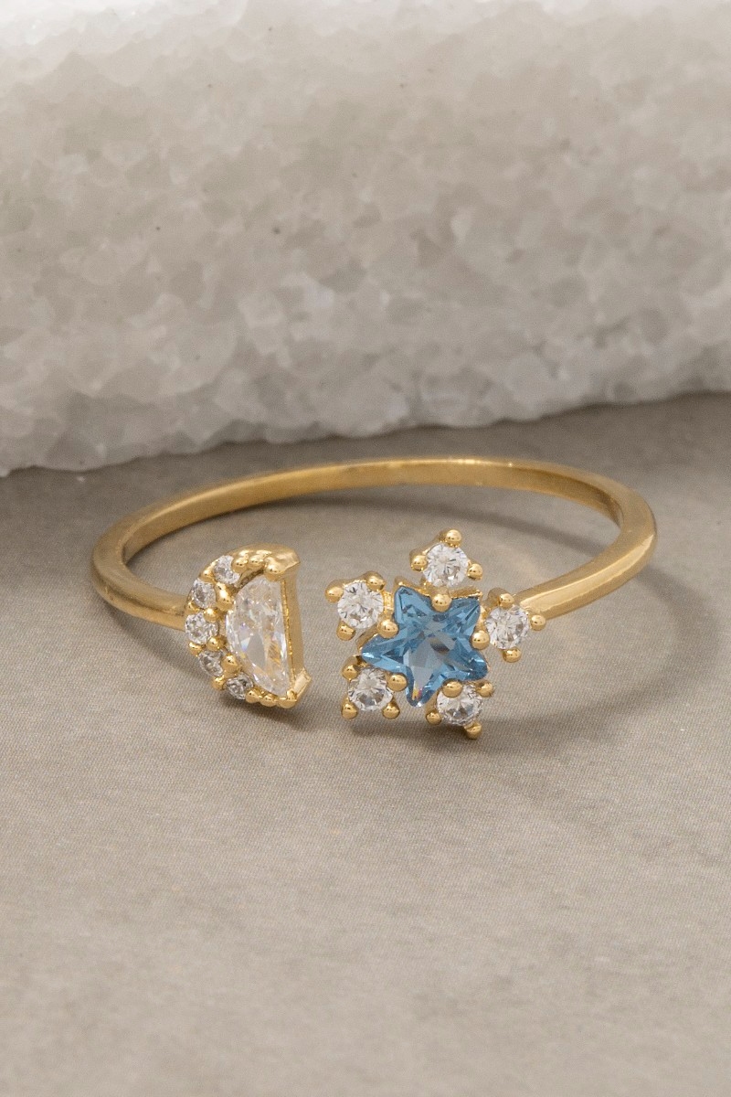 Gold Dipped Cz Moon And Stars Open Band Ring