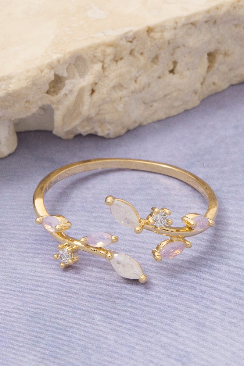 Gold Dipped Cz Leaf Wrap Open Ring