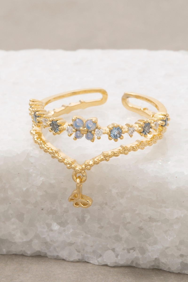 Gold Dipped Cz & Butterfly Double Row Ring