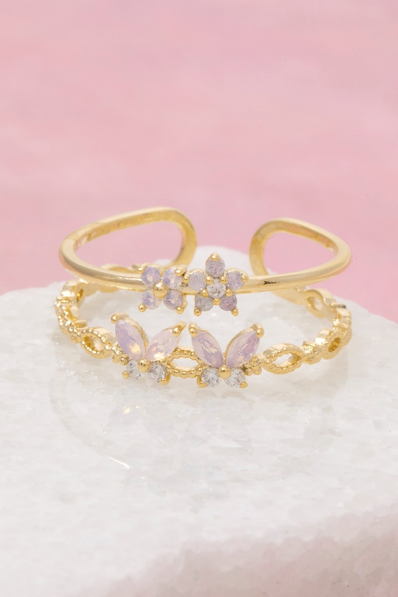 Gold Dipped Cz Cluster & Butterfly Double Band Ring