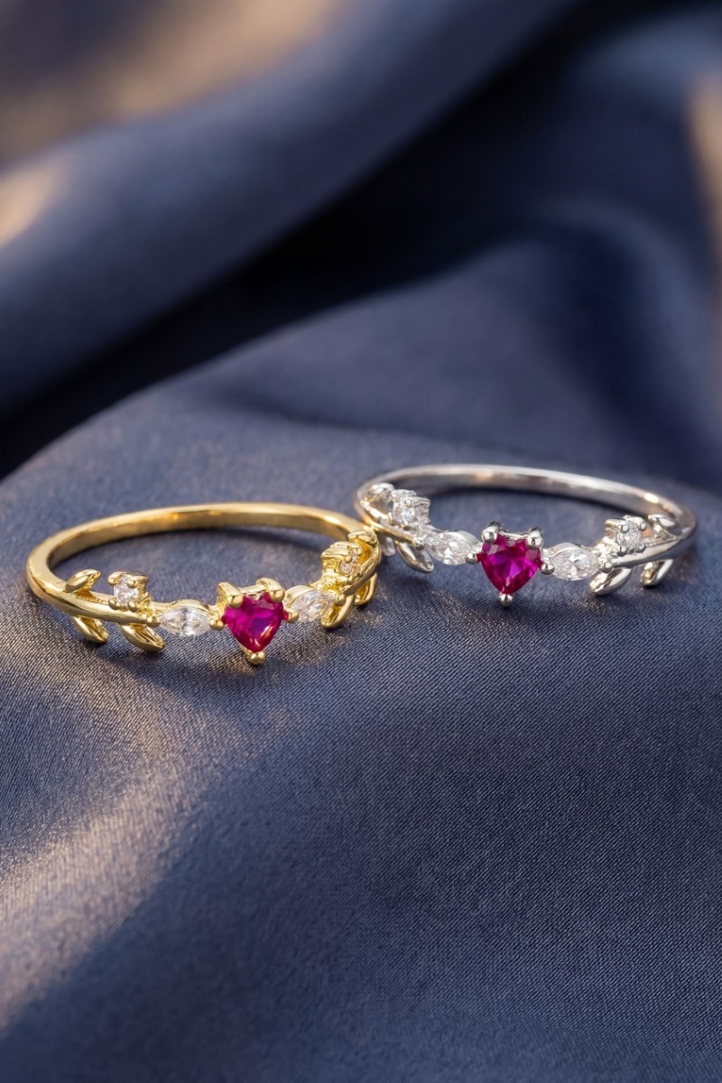 Gold Dipped Cz Leaf And Heart Ring