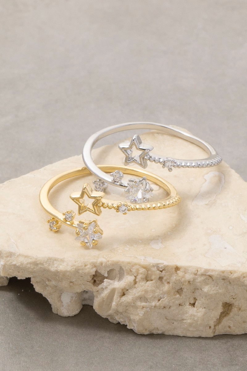 Gold Dipped Cz Double Star Open Ring