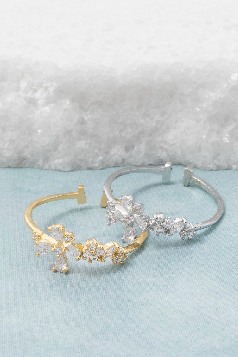 Gold Dipped Cz Adjustable Band Flower Ring