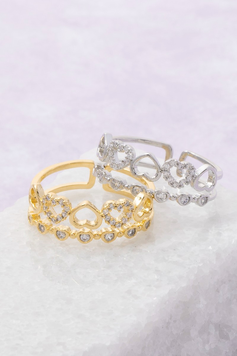 Gold Dipped Cz Double Row Heart Ring