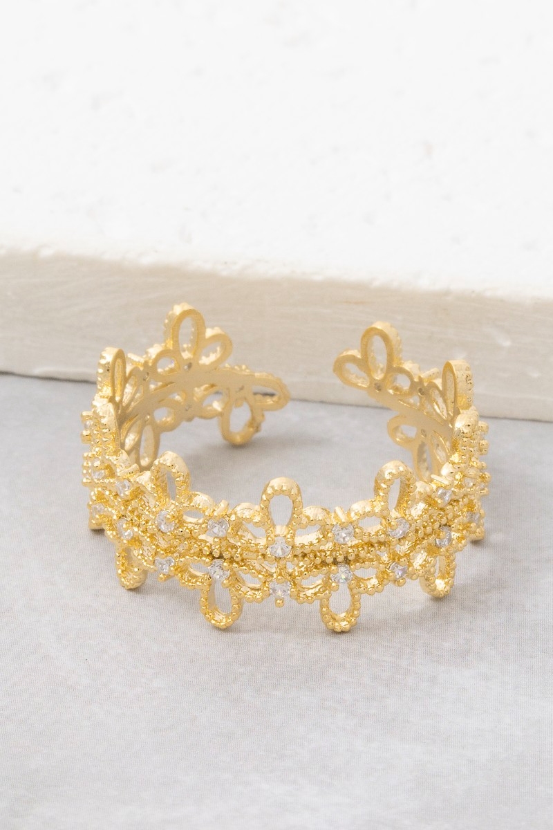 Gold Dipped Cz Floral Pattern Ring