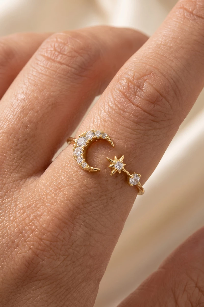 Cz Open Band Crescent Moon Star Ring