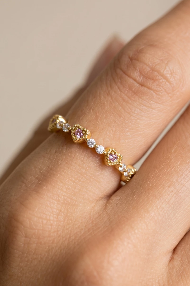 Cz Heart Cluster Alternating Eternity Band Ring