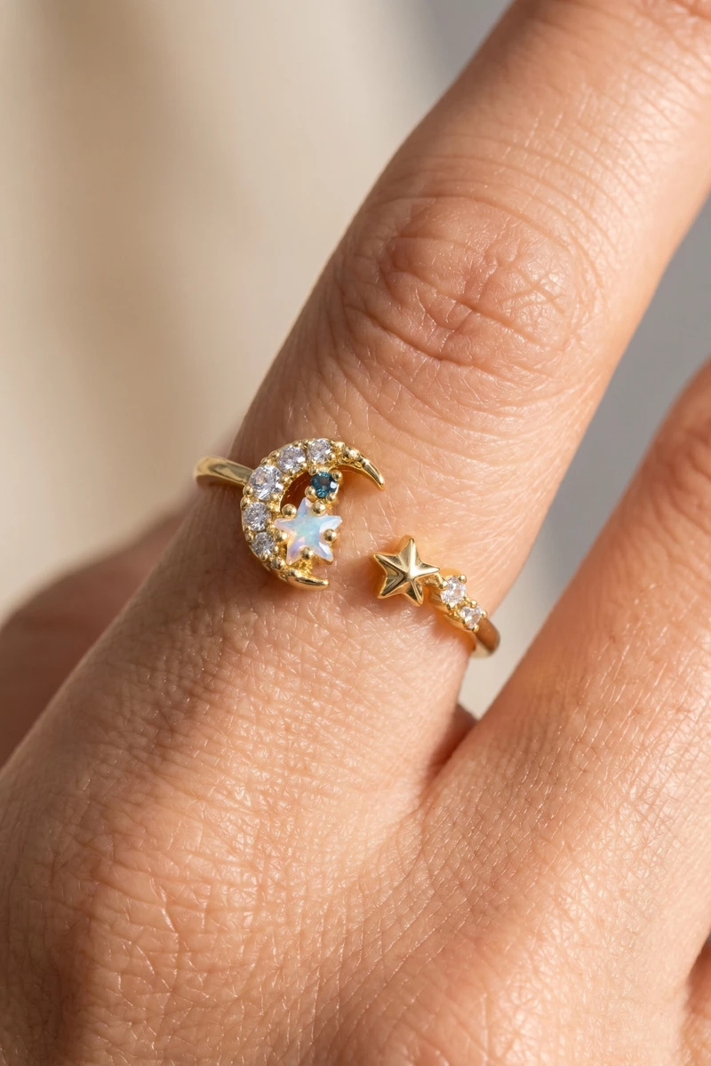 Cz Celestial Moon And Star Cluster Cuff Ring