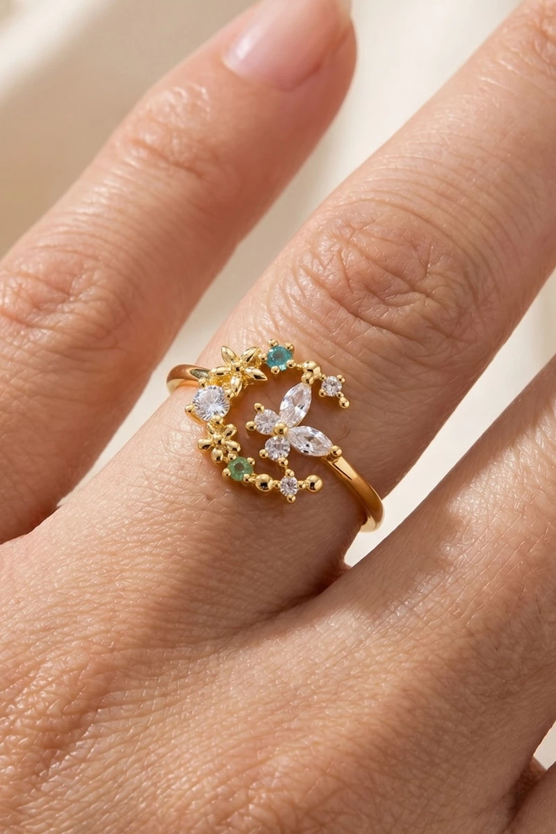 Cz Double Band Star And Butterfly Solitaire Ring