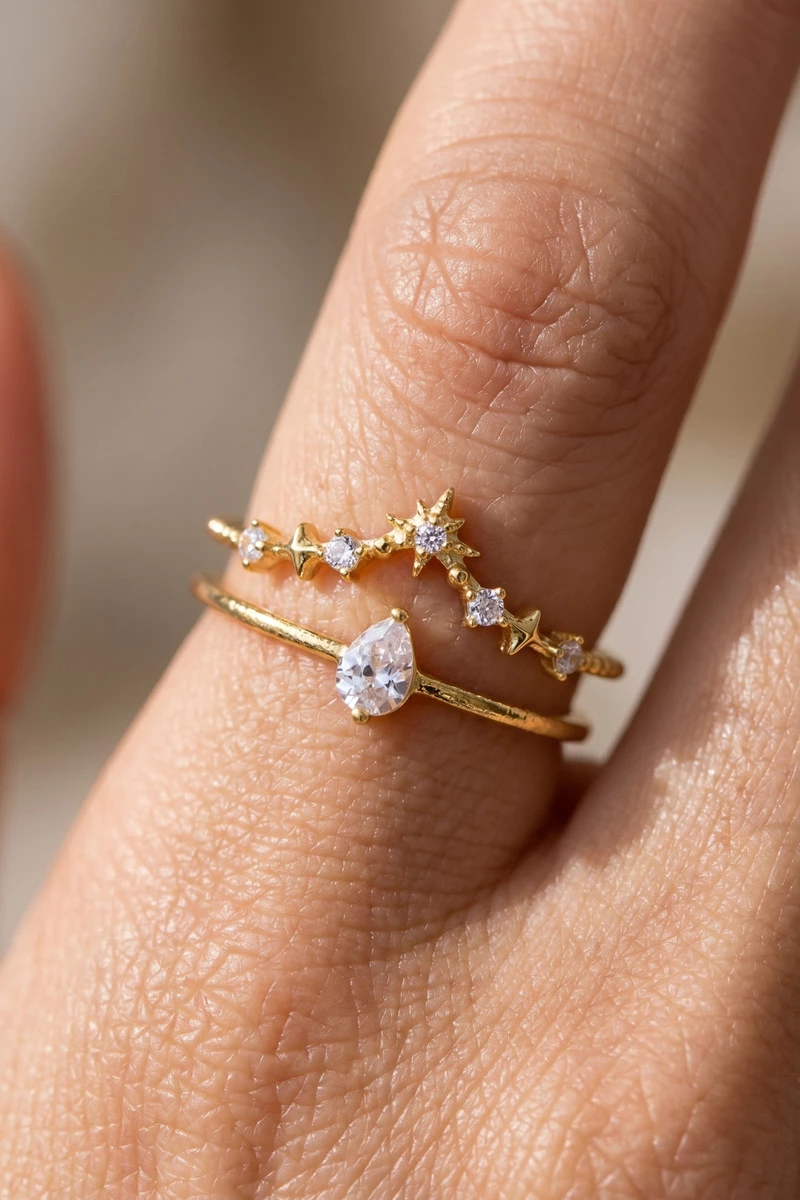 Cz Star Constellation And Pear Stone Double Band Ring
