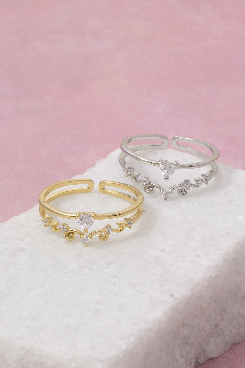 Gold Dipped Cz Heart Crown Double Band Ring