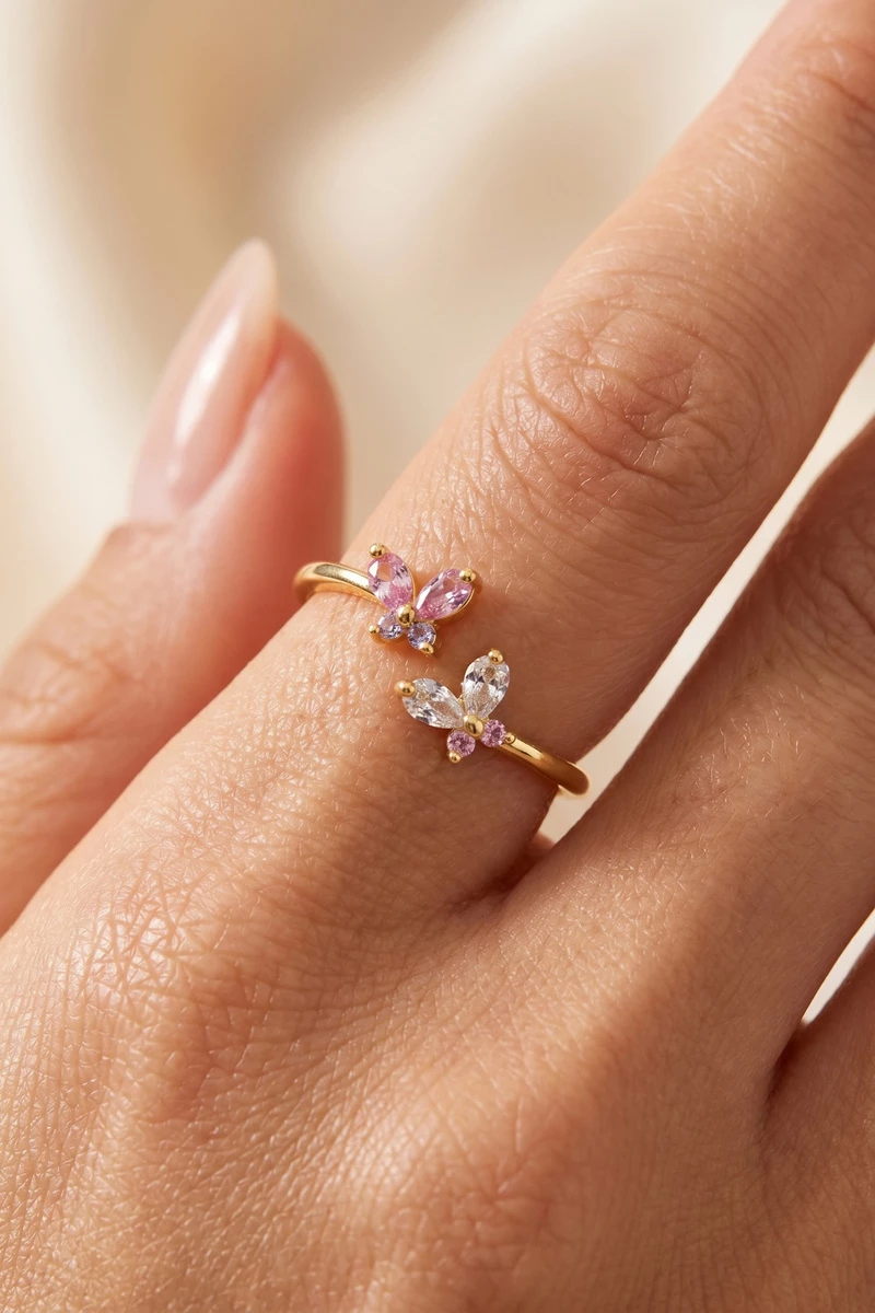 Cz Dual Butterfly Open Cuff Band Ring