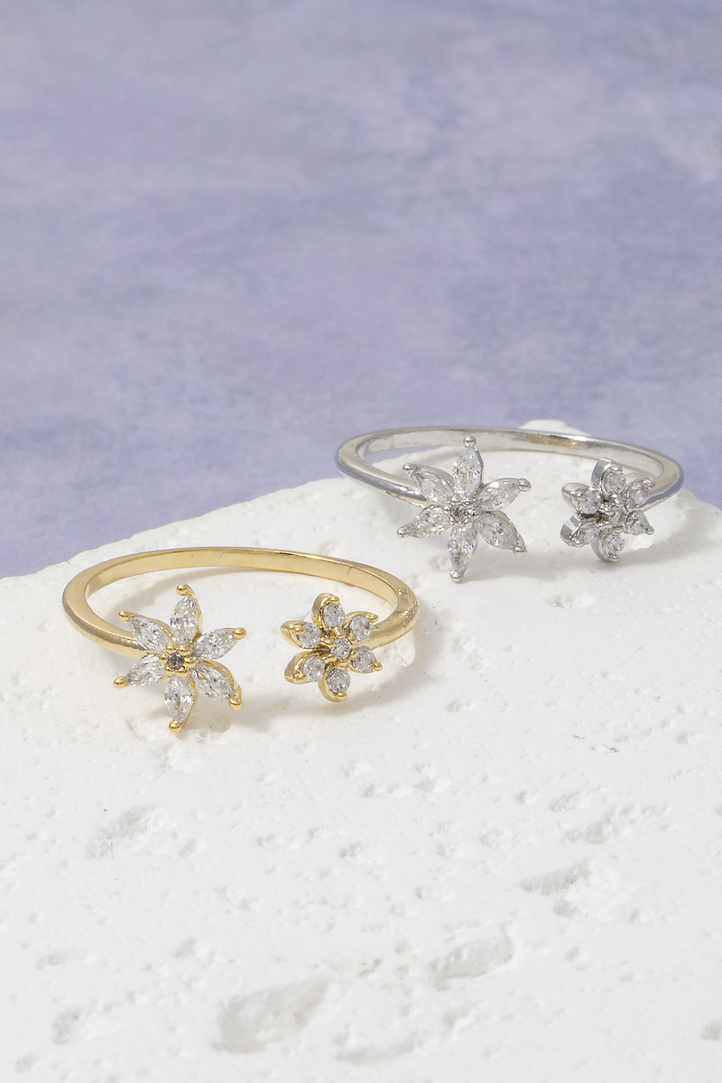 Gold Dipped Cz Double Flower Motif Open Ring
