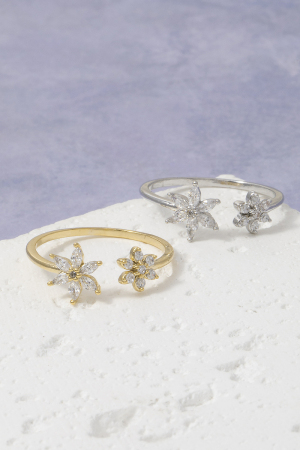 Gold Dipped Cz Double Flower Motif Open Ring