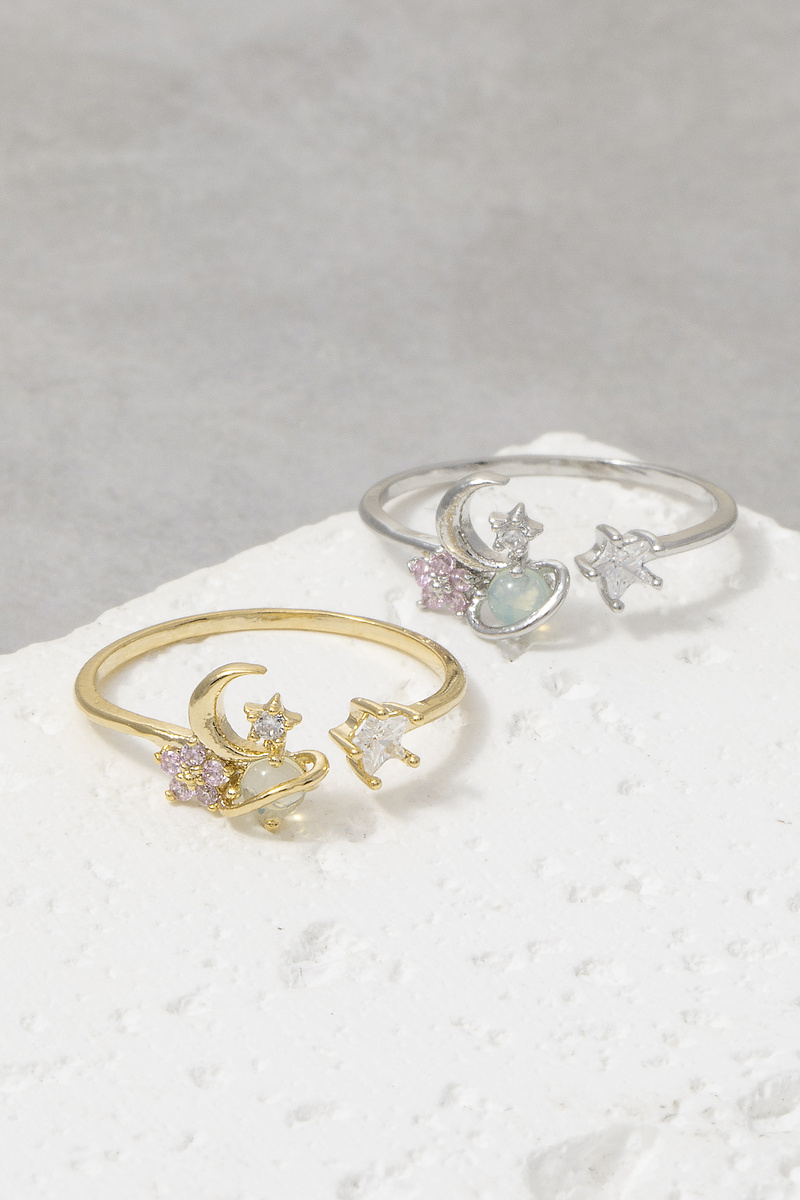 Gold Dipped Cz Celestial Moon Star Open Ring