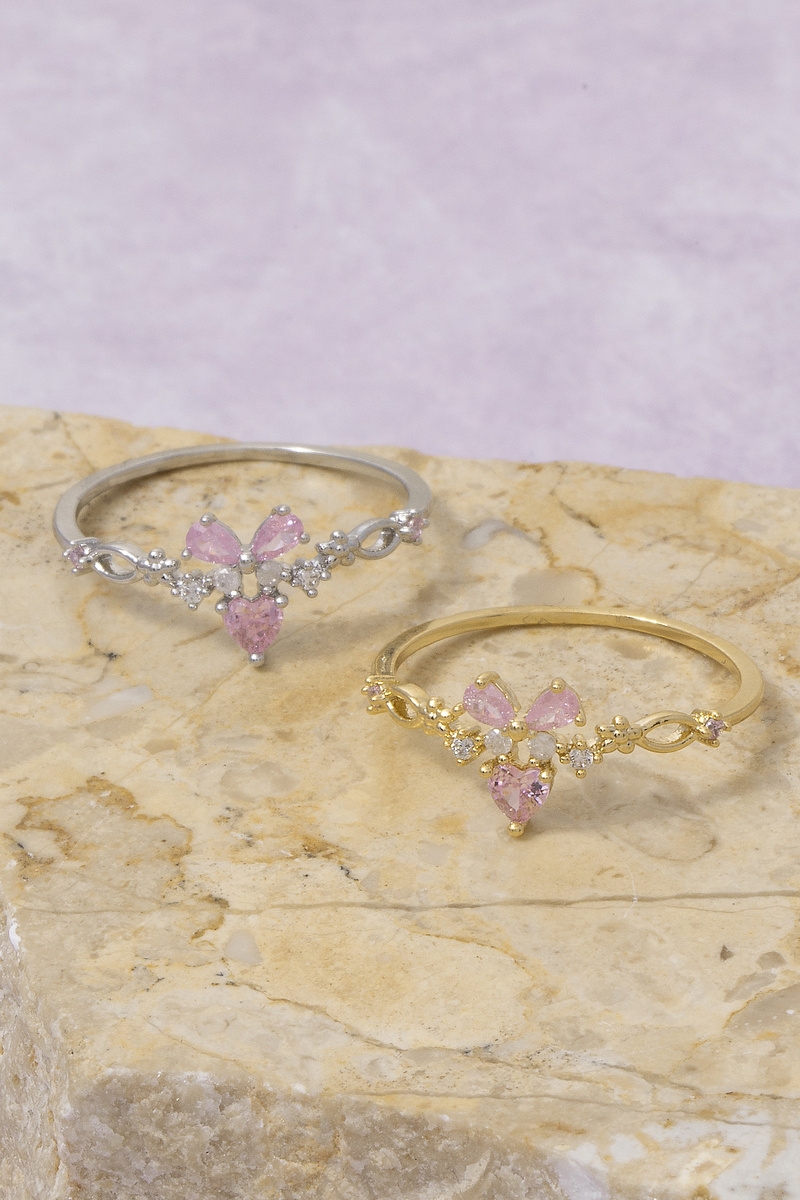 Gold Dipped Cz Butterfly Floral Crown Ring