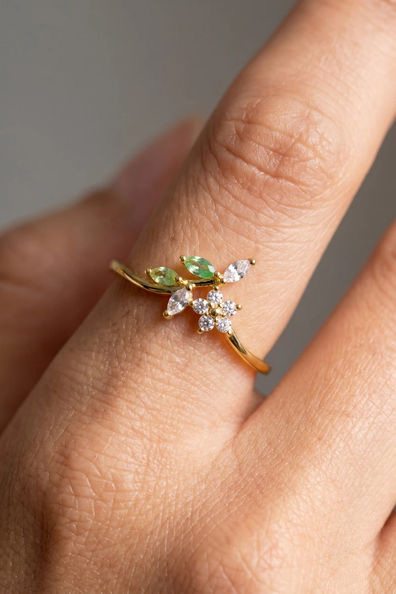 Cz Botanical Flower And Branch Spray Ring
