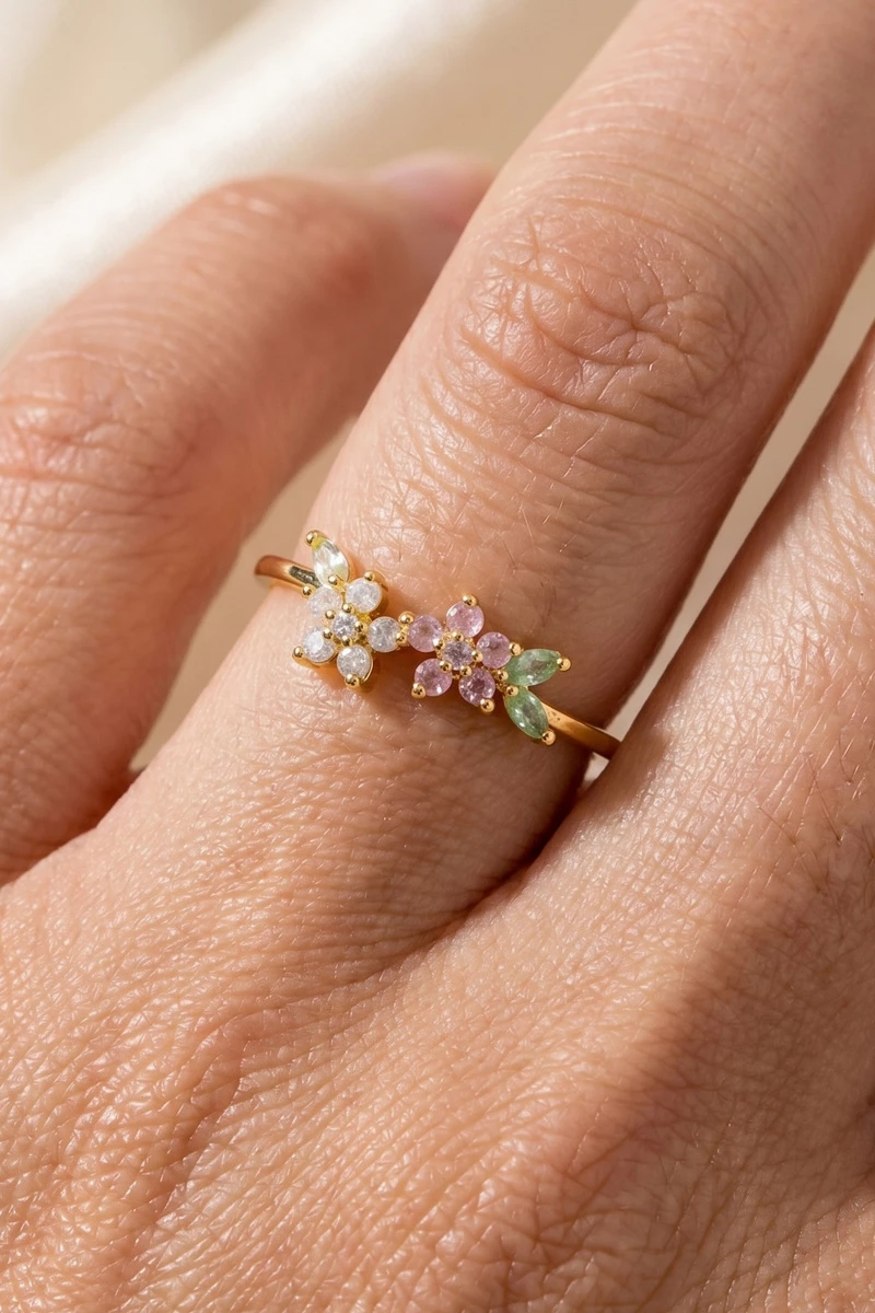 Cz Dual Flower Cluster Open Cuff Ring