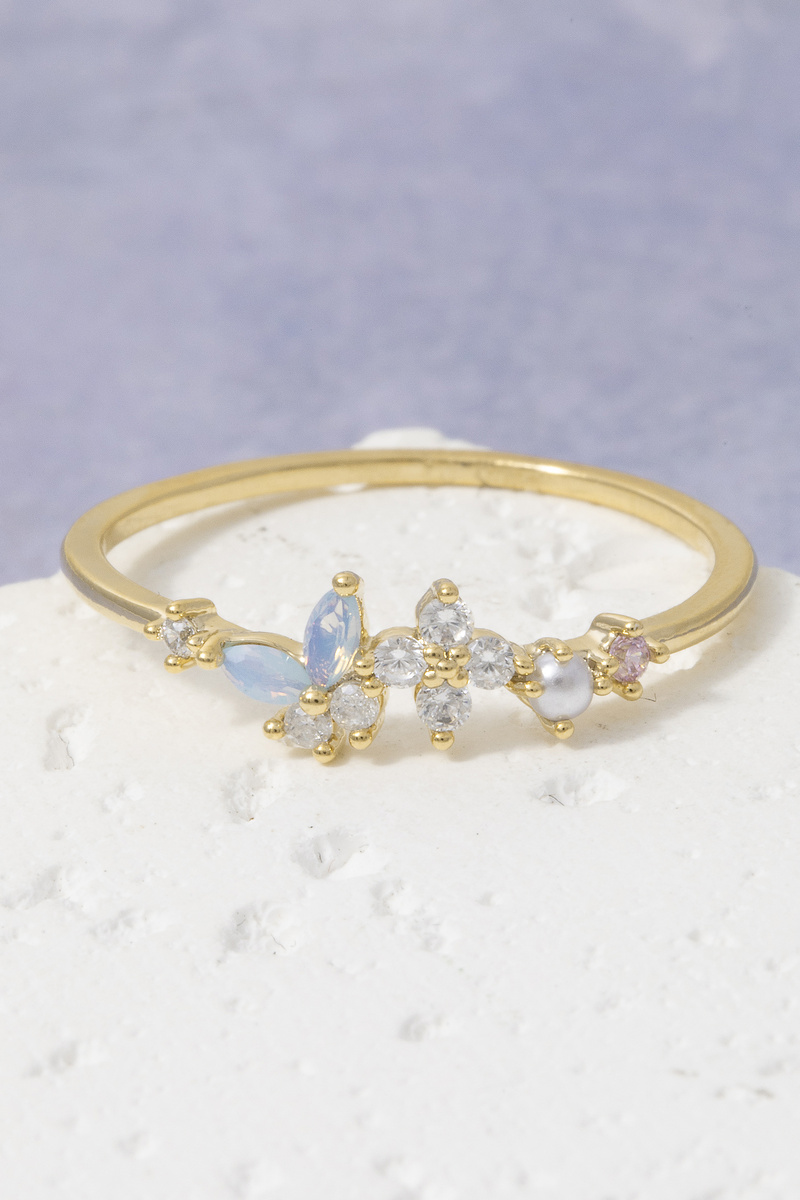 Gold Dipped Cz Mixed Stone Floral Cluster Ring