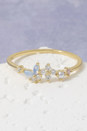 Gold Dipped Cz Mixed Stone Floral Cluster Ring