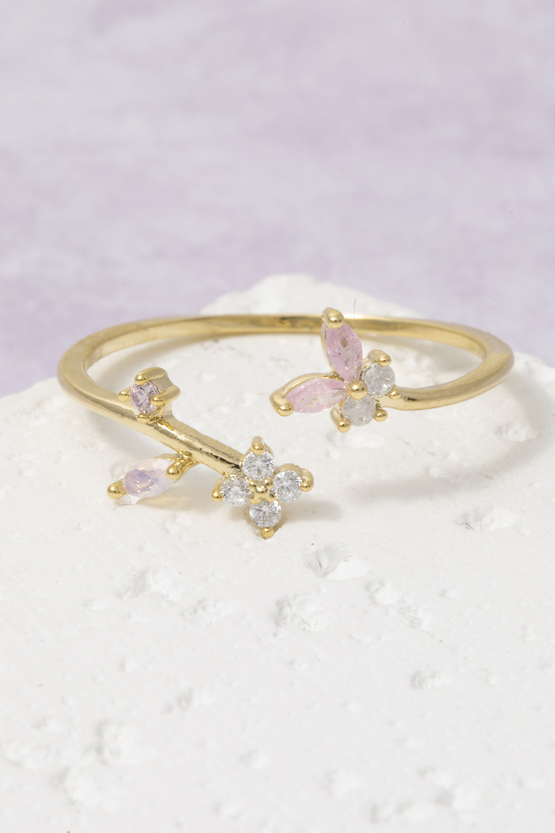 Gold Dipped Cz Floral Butterfly Branch Cluster Open Ring