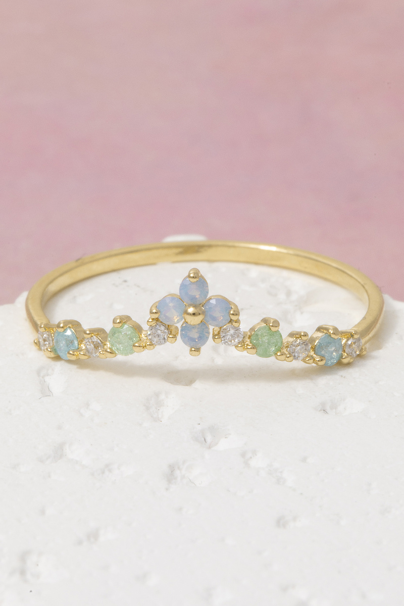 Gold Dipped Cz Floral Opal Crown Tiara Band Ring