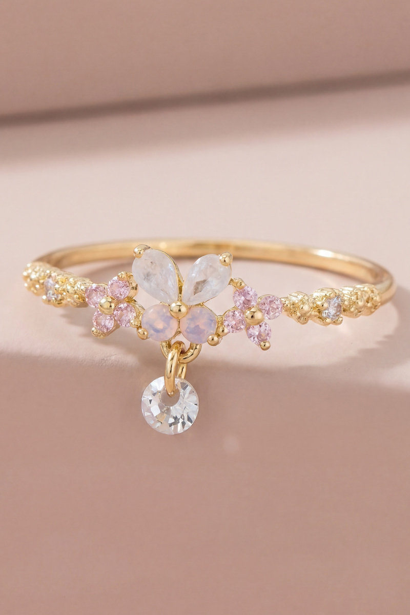 Gold Dipped Cz Tiara Floral Butterfly Arc Crystal Drop Ring