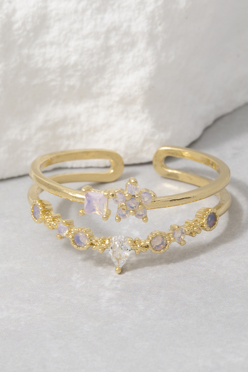 Gold Dipped Cz Floral Double Band Layered Cluster Ring