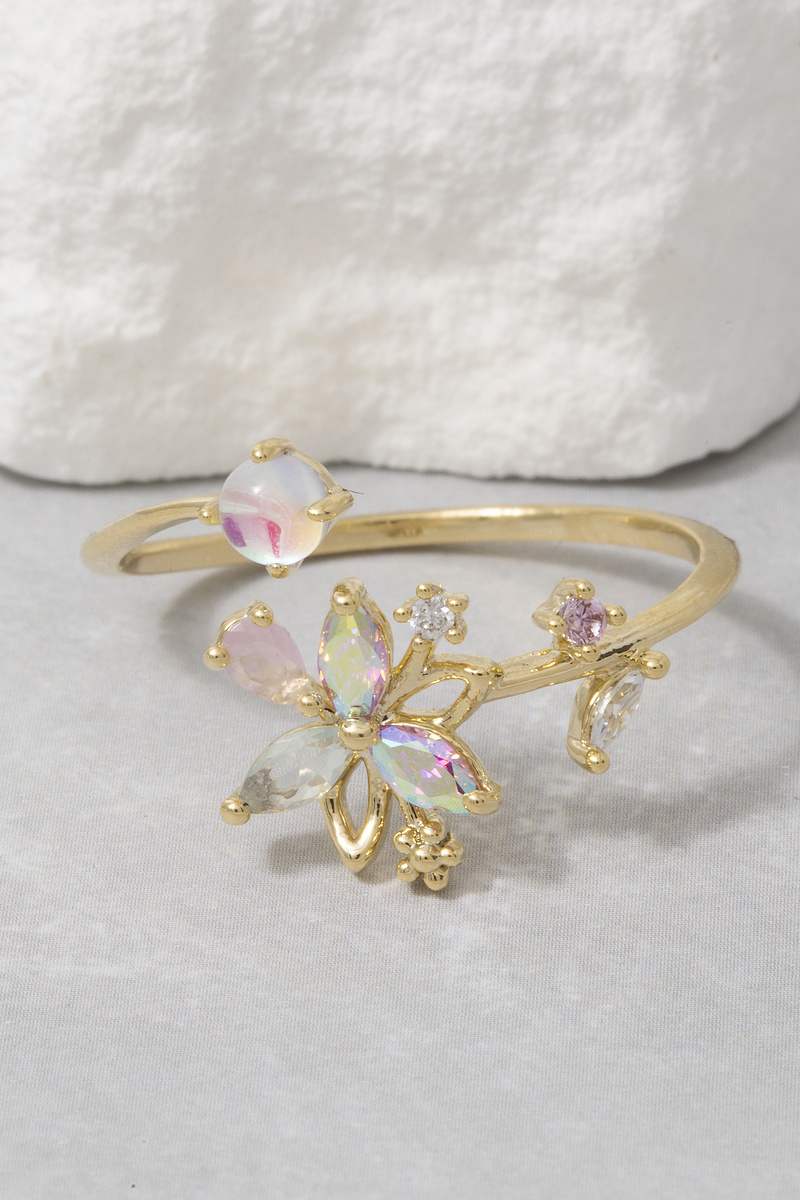 Gold Dipped Cz Iridescent Butterfly Floral Open Ring