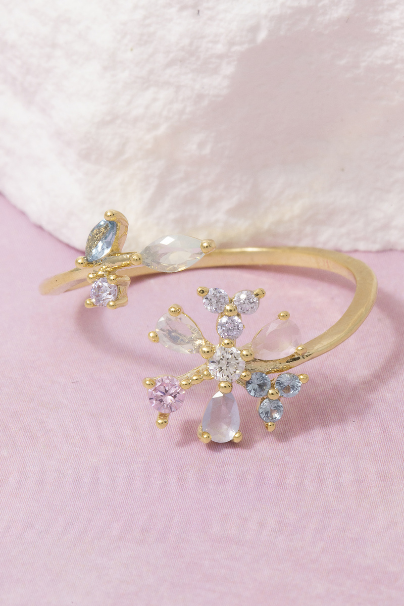Gold Dipped Cz Multicolor Floral Cluster Open Ring