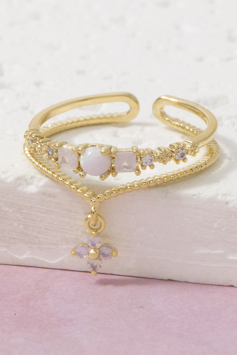 Gold Dipped Cz Opal Double Band With Flower Drop Ring