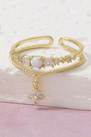 Gold Dipped Cz Opal Double Band With Flower Drop Ring
