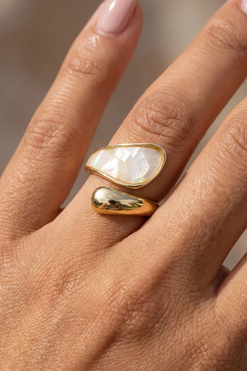 Mother Of Pearl Inlay Bypass Wrap Ring