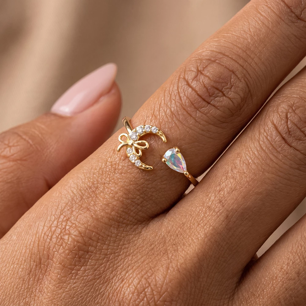 Adjustable Pave Moon Bow And Pear Cz Ring