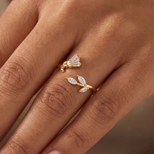 Adjustable Baguette Fan And Marquise Leaf Cz Ring