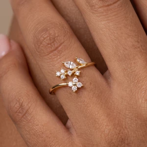 Adjustable Cz Flower And Marquise Leaf Ring