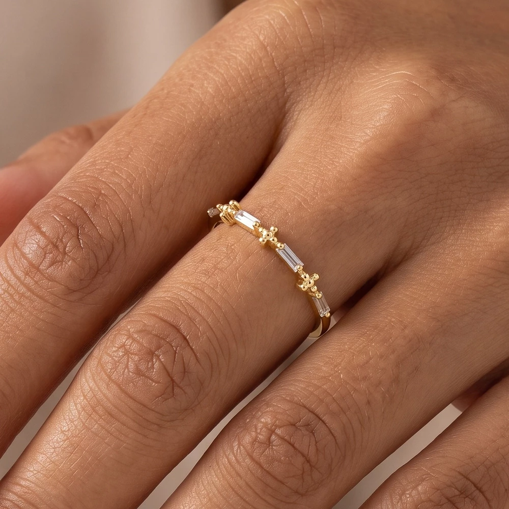 Gold Dipped Baguette Cz Beaded Band Ring