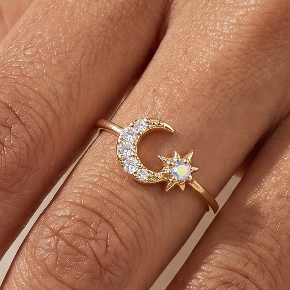 Gold Dipped Crescent Moon Star Ring